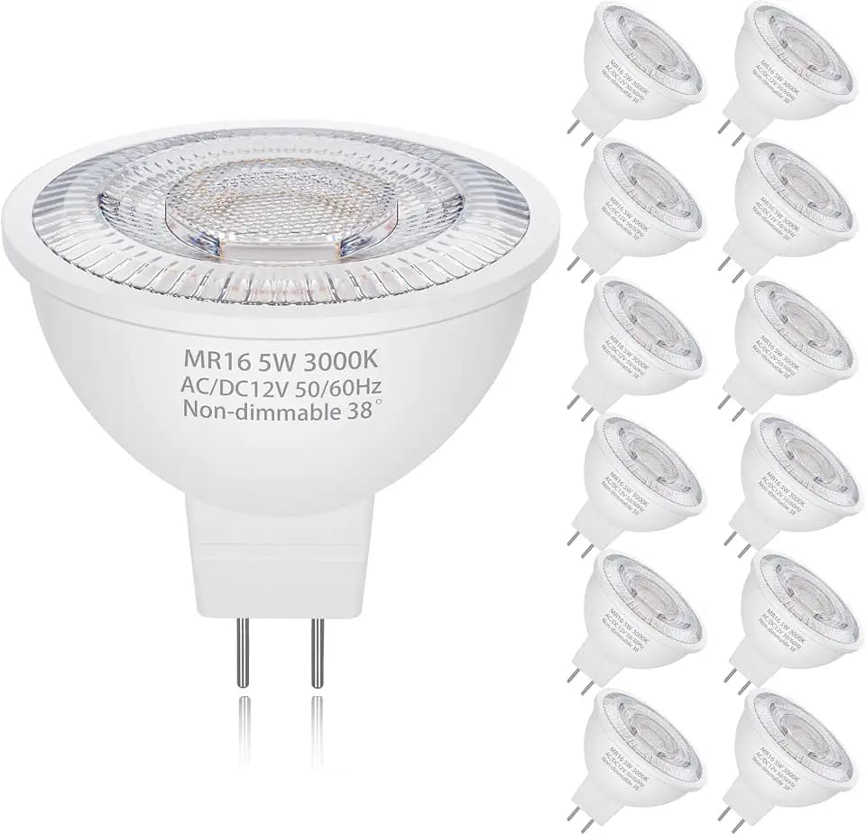 MR16 LED Bulbs 50W Halogen Equivalent, 3000K Soft Warm White, 5W MR16 GU5.3 Bi-Pin Base 12V Low Voltage Spotlight Bulb for Landscape Spotlight Track Recessed Lighting, Non-Dimmable, 12-Pack