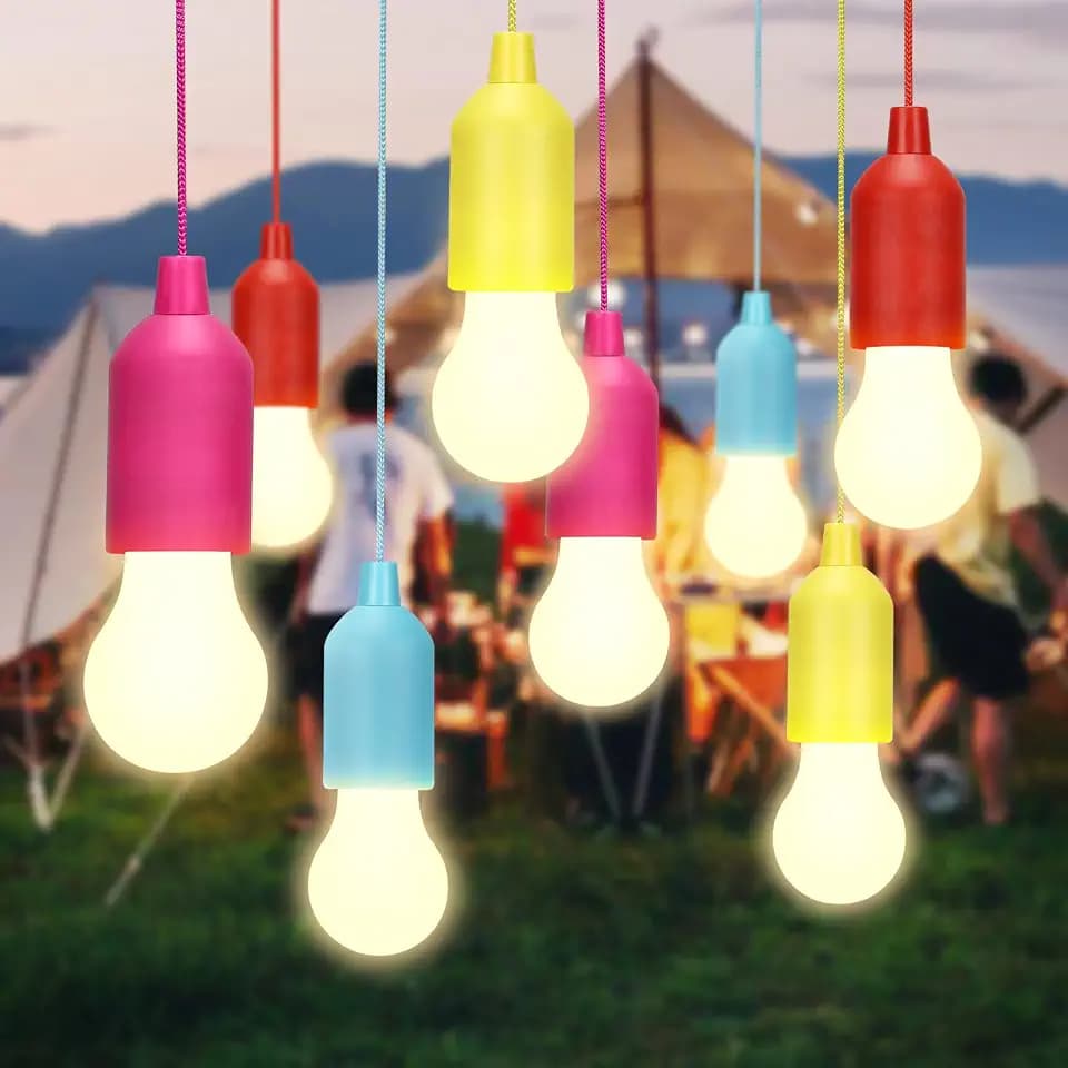 Pull Light Lampe, Tragbare Campinglampe Laterne, LED Glühbirnen mit Zugschalter für Camping, Party, BBQ, Zelt, Stromausfall, Garten, Deko lichtkette | 8 Stück