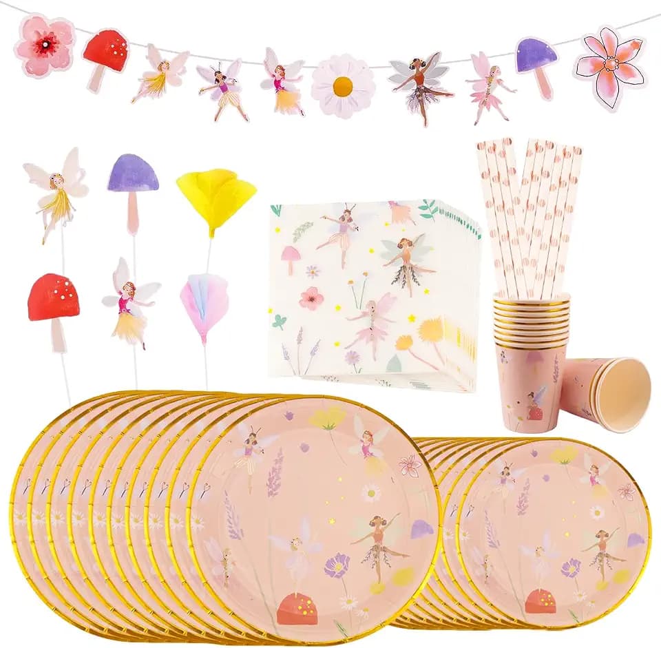 FAELNK Partygeschirr Set Fee Party Geburtstagsdeko Mädchen Feen Geburtstag Partygeschirr Set Bunt Pappteller Pappbecher Tortenleisten La Banner Strohhalme Servietten für 10 Gäste