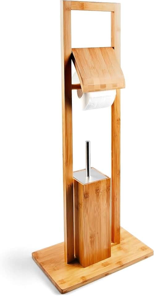 Relaxdays WC Garnitur aus Bambus, HBT: 82 x 36 x 21 cm, Standgarnitur mit Toilettenbürste und Klorollenhalter, Natur