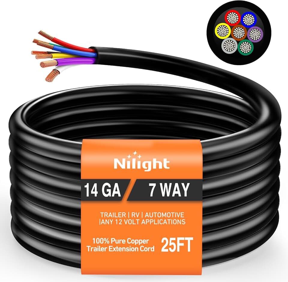 Nilight 25 Feet 7 Way Trailer Extension Cable 14 Gauge 7 Conductor