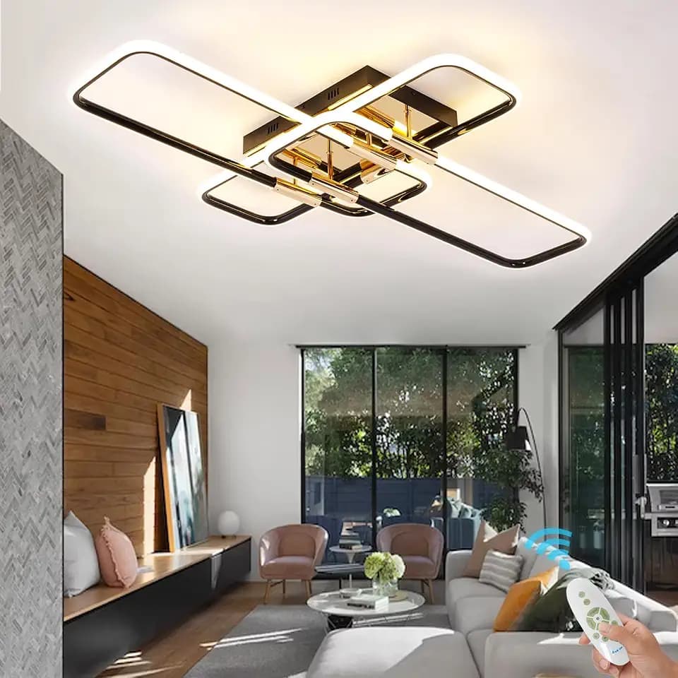 Upgraded LED Ceiling Light Fixture, L55.12 Large Modern Lights for Living Room, Dimmable With Remote, Black Gold Dining Room Light