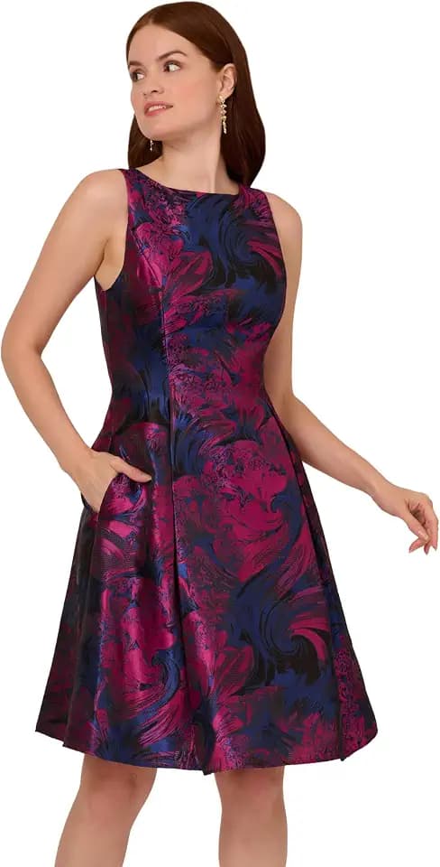 Adrianna Papell Womens Jacquard Envelope Short Dress Navy/Orchid 14