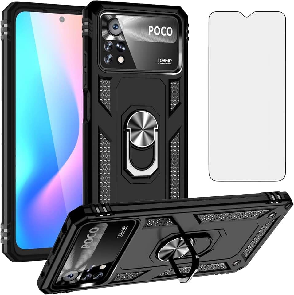 Asuwish Handyhülle für Xiaomi Poco X4 Pro 5G Hülle mit Glas Folie Schutzfolie und Magnetisch Ring Ständer Handyhüllen Panzerfolie Mi PocoX4 4X X4Pro Slim Handy Hüllen Schutzhülle Phone Case Schwarz