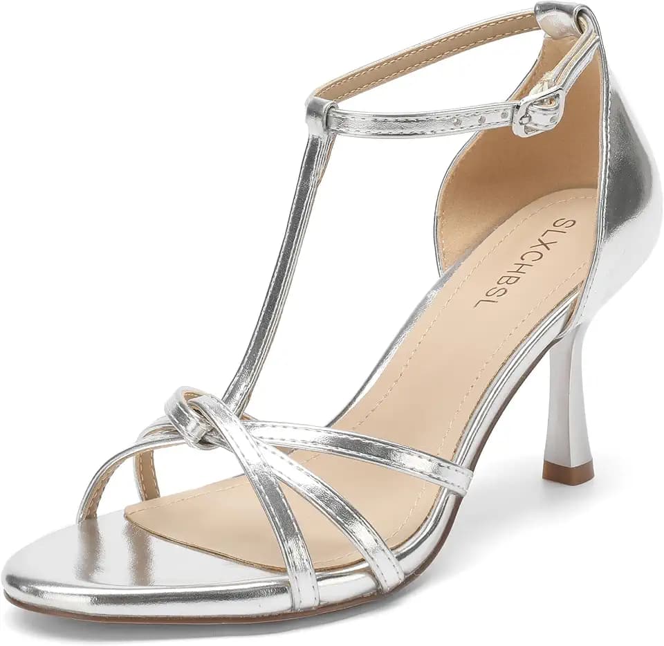 High Kitten Heel Sandals for Women, T-Strap Round Open Toe 3 Inch
