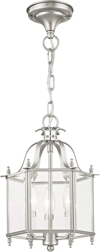 Livex Lighting 4403-91 Home Basics 3 Light Brushed Nickel Hanging Lantern or Flush Mount Chandelier with Clear Beveled Glass