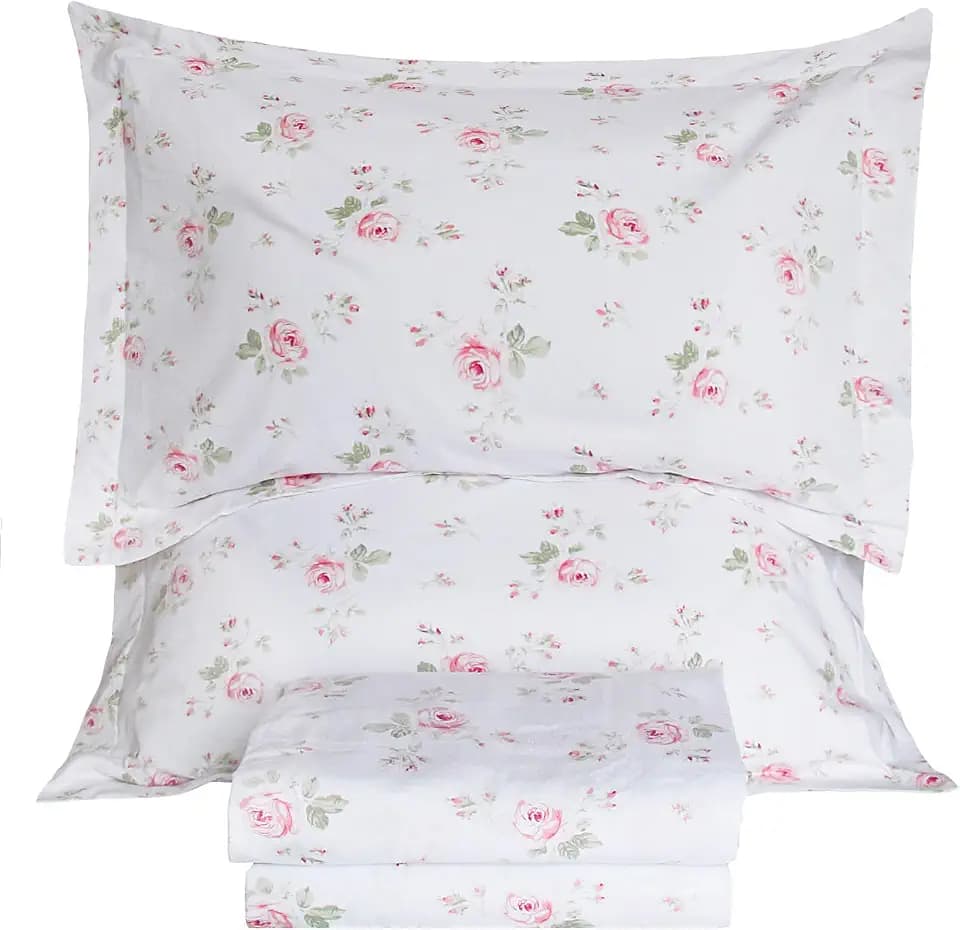 Lady Ann 100% Cotton Floral Queen Sheets Set Deep Pockets, Shabby Vintage Chic Printed Bed Sheets Rose Flower Pattern Cotton Bedding Sheets 4Pcs Extra Soft and Breathable Botanical Sheets