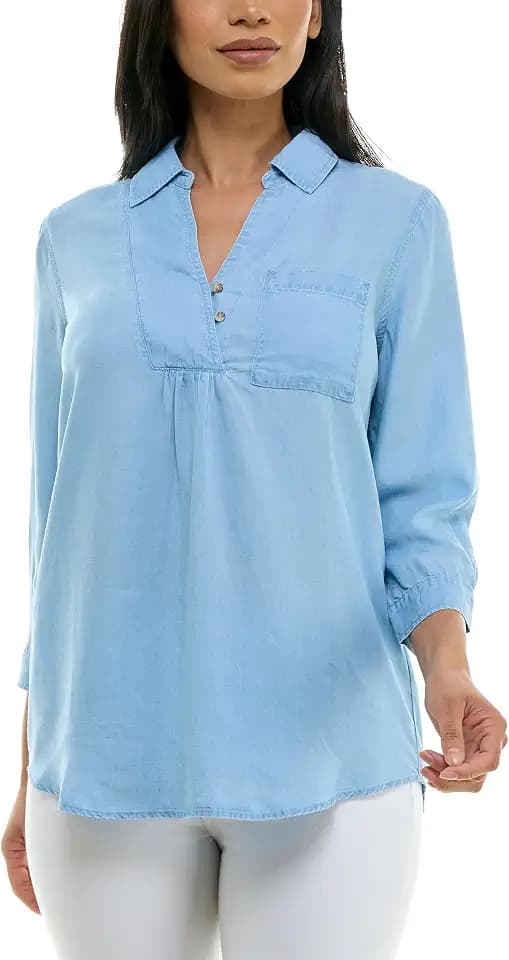 Zac & Rachel Women's Tencel Long Sleeve Pull Over Top with Front Chest Pocket, Collar Neck and Adjustable Button Up Neckline