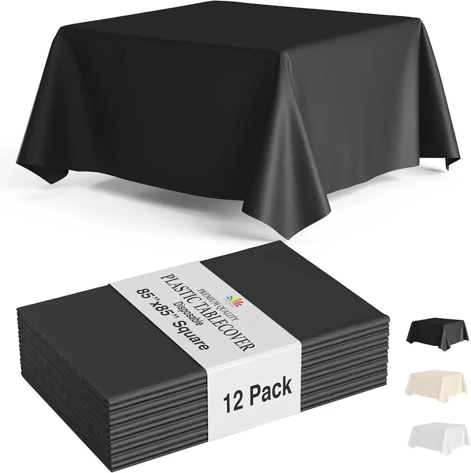 Party Solids 12-Pack Black Square Plastic Disposable Tablecloth – Size: 85 × 85 Inches – Square Table Cover for Parties, Picnics & Formal Events