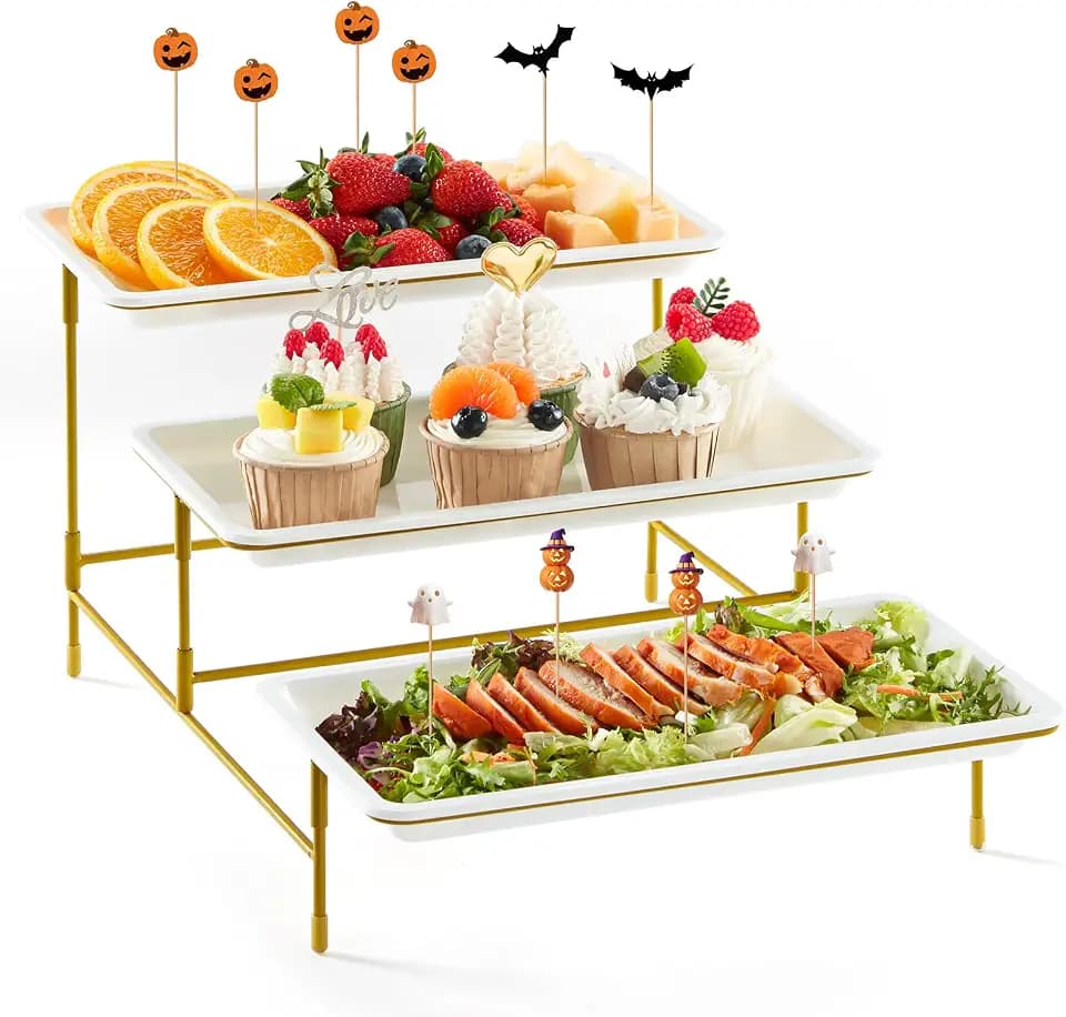 Lifewit Kunststoff Etagere 3 Etagen mit 30 x 17 cm Servierplatten, 3-stufiges Tablett Serviertablett Servierteller mit Klappbares Gelbes Metallregal, Buffet Party Zubehör für Gemüse/Obst/Kekse/Torte