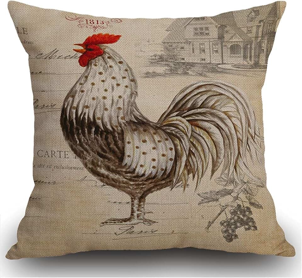 Smooffly Kissenbezug, Retro-Stil, Beige, Huhn, Hahn, Bauernhof, Kissenbezug, 45,7 x 45,7 cm, Leinen, quadratisch, für Wohnzimmer, Sofa, Couch, Bett, Kissenbezug 45 x 45 cm