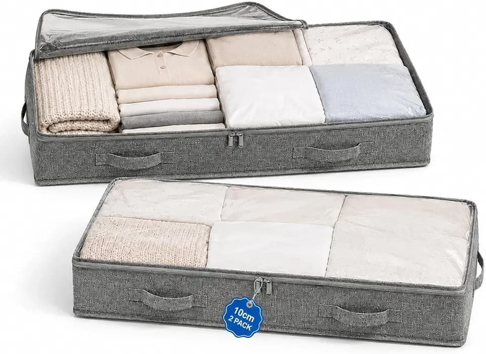 Unterbett Aufbewahrungstaschen 2er Set 50L, 100 x 50 x 10 cm Unterbettbox Faltbar mit Sichtfenster, 2-Wege-Reißverschluss und 4 Griffen, Aufbewahrungstasche für Kleidung, Bettwäsche und Decken