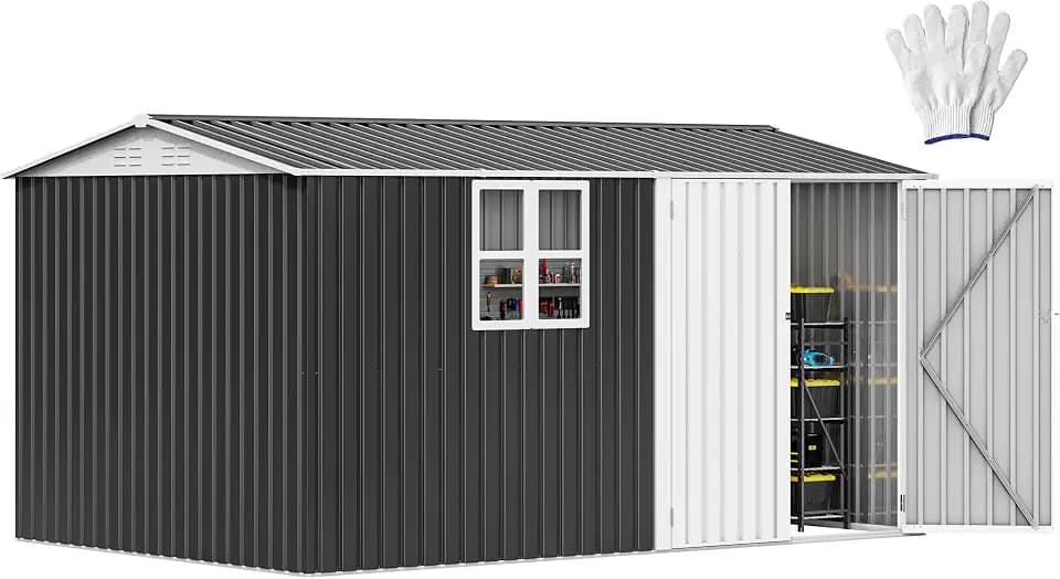 DWVO 12x8ft Large Tool Storage Shed with Window, Lockable Doors, and Sloped Roof, Oversized Steel Outdoor Storage Shed for Garden, Patio, Garage, Backyard, Lawn(Gray + White)