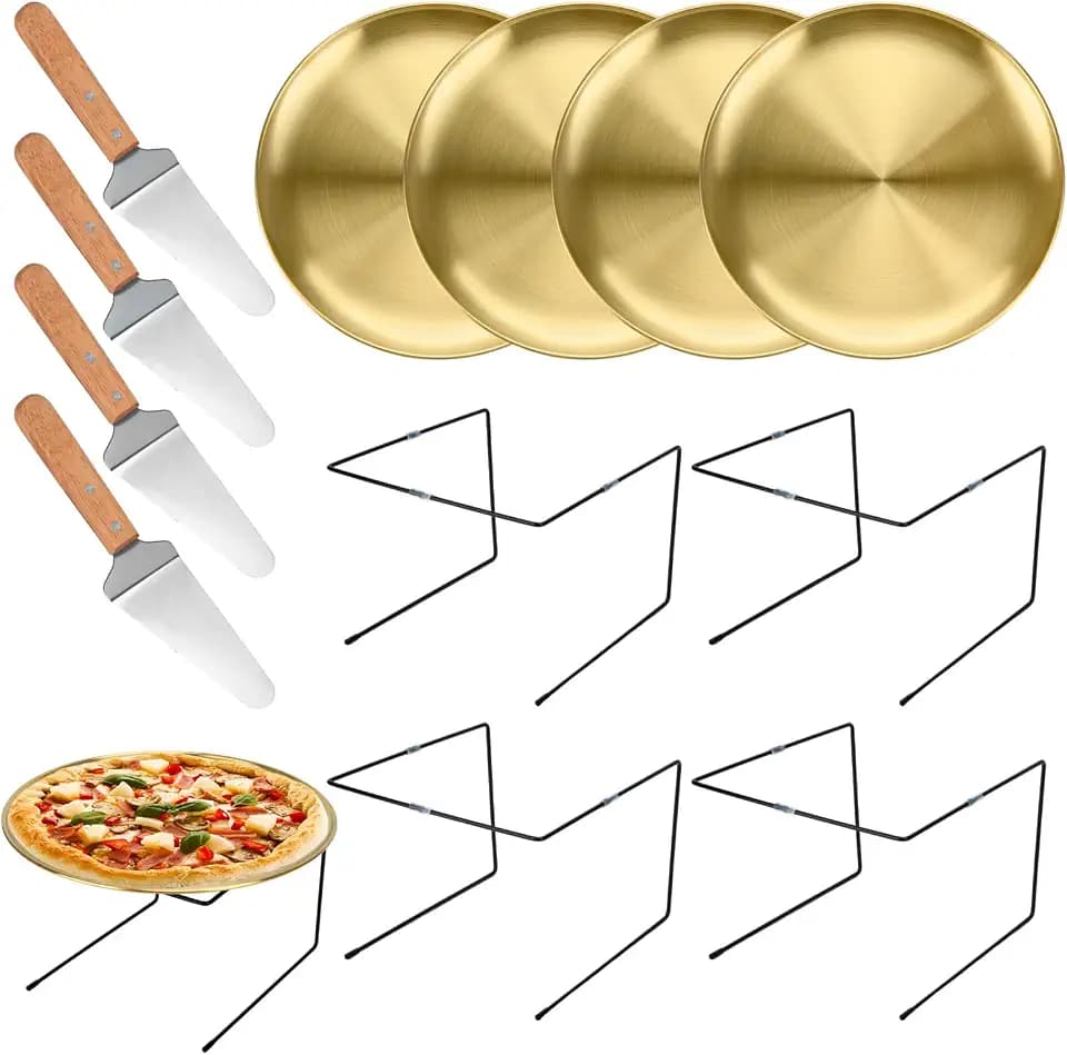 12-Piece Pizza Pan Riser Stand Set: Includes 4 Metal Pizza Table Stands + 4 Pizza Pans (11.8in) + 4 Wood-Handled Pie Servers, Perfect for Weddings, Birthdays, Christmas & Home Restaurant Party
