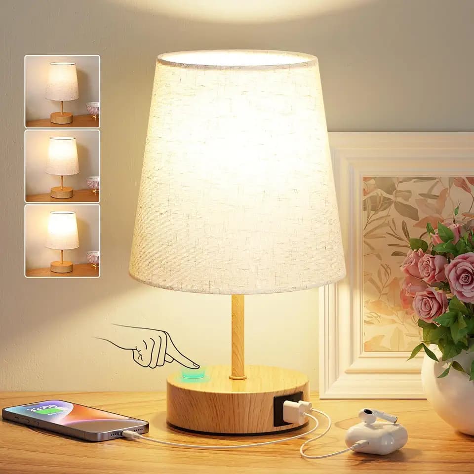 Nachttischlampe Touch Dimmbar, Tischlampe mit USB A+C-Ladefunktion