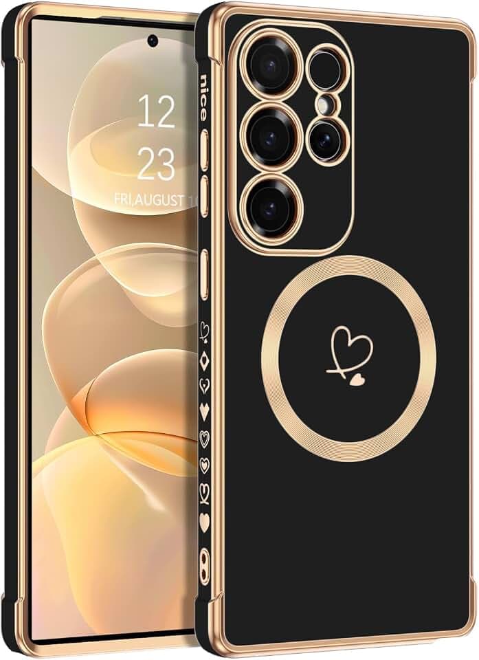 Telaso Magnetische Hülle für Samsung Galaxy S25 Ultra, Handyhülle für Samsung S25 Ultra Niedliches Herz Muster Weiche Plattierung Abdeckung für Frauen, Schutz der Kamera, Schwarz