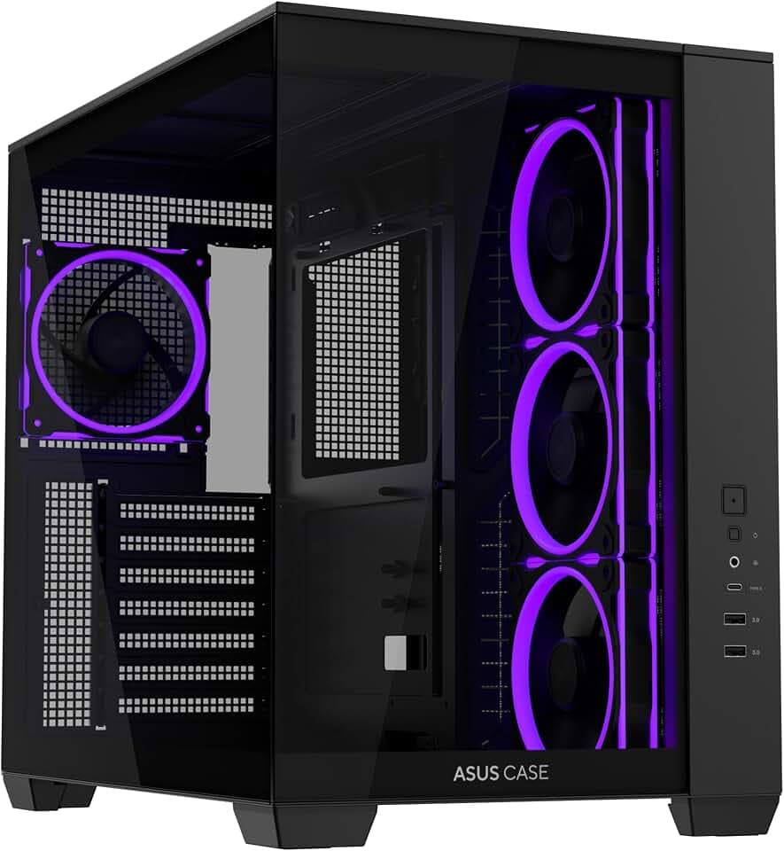 ASUS A32 Plus Black ATX-PC Gehäuse | Schwarz | vorinstallierte ARGB-Lüfter, Panorama-Design, Glas Frontpanel, kompatibel mit 360mm-Radiatoren & 420mm-Grafikkarten, USB C
