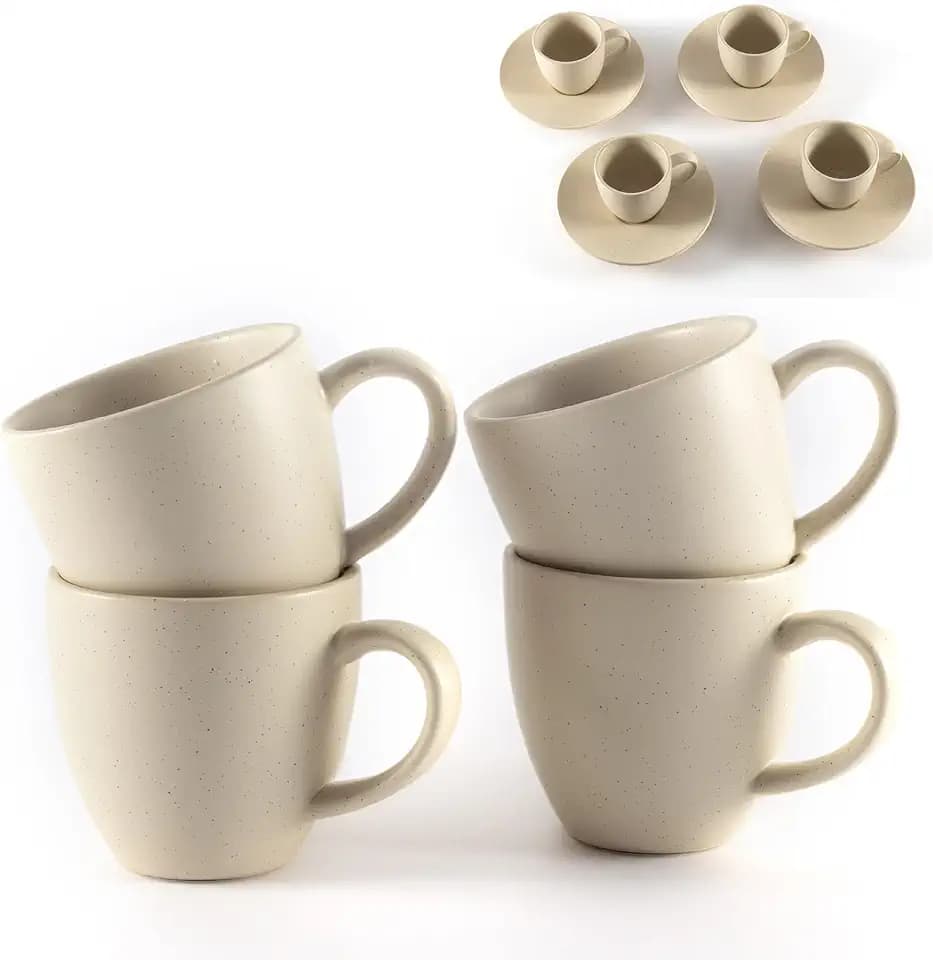 Hanseküche Espressotassen Set aus Steingut – Hochwertiges 4er Set, handgefertigt & dickwandig, Steingut Espresso Tassen mit Unterassen (Beige, 75ml)