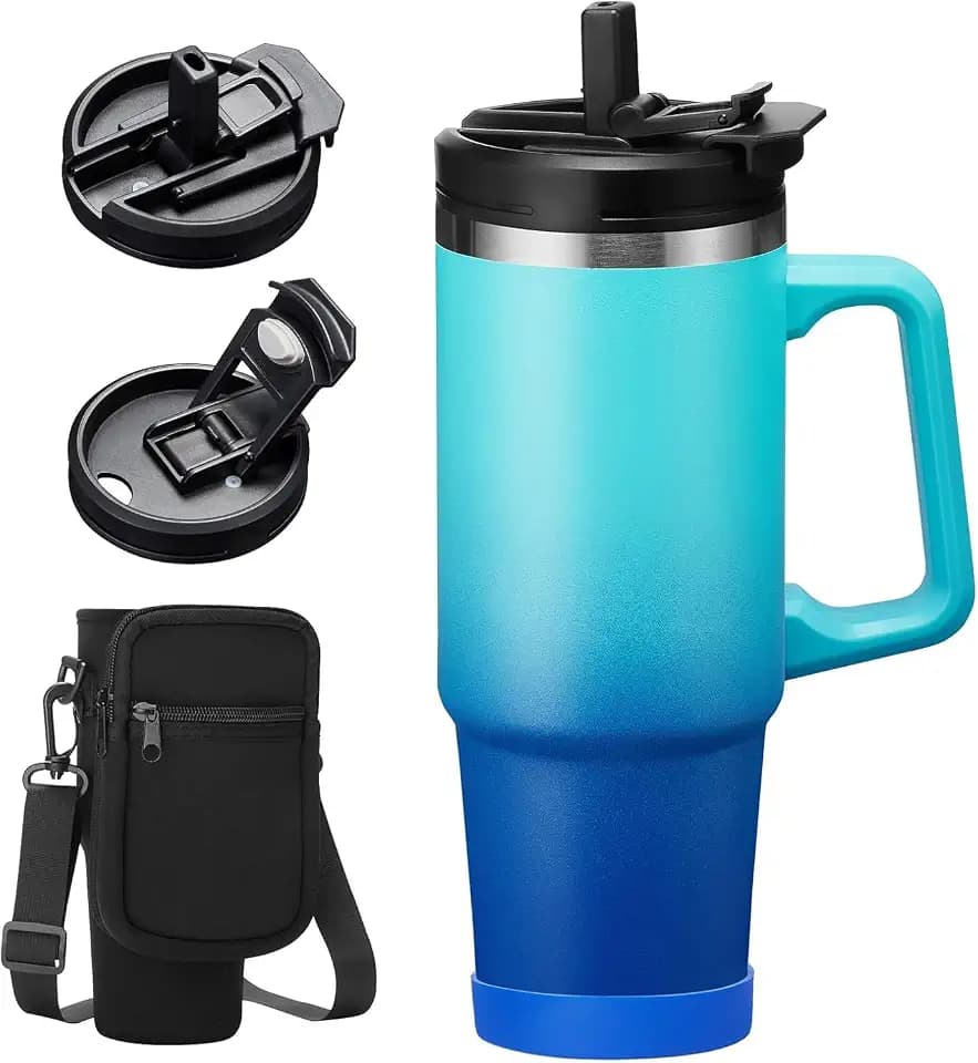 30 Oz Tumbler with Handle - Leakproof Insulated Tumbler with Flip Lid and Straw, Storage Carrier Pouch & Protective Boot, Stainless Steel Water Bottle, Travel Coffee Tumbler Cup Mug Cold-36H