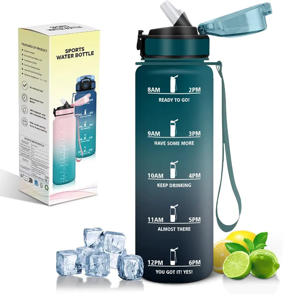 Motswedi Trinkflasche 1l, mit Strohhalm, Trinkflasche Sport, Auslaufsichere, Sportflasche, mit Zeitmarkierung, Motivation Sport Wasserflasche, für Camping, Yoga, Gym, Dunkelgrün & Grau