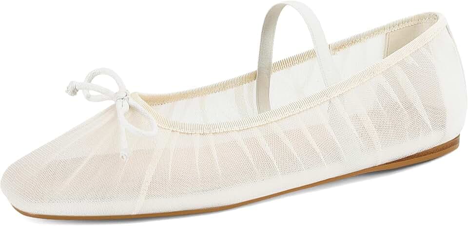 STALOV Mesh Ballet Flats for Women Square Toe Bow Mary Jane Flats Tulle Comfortable Dress Casual Ballerina Shoes with Strap