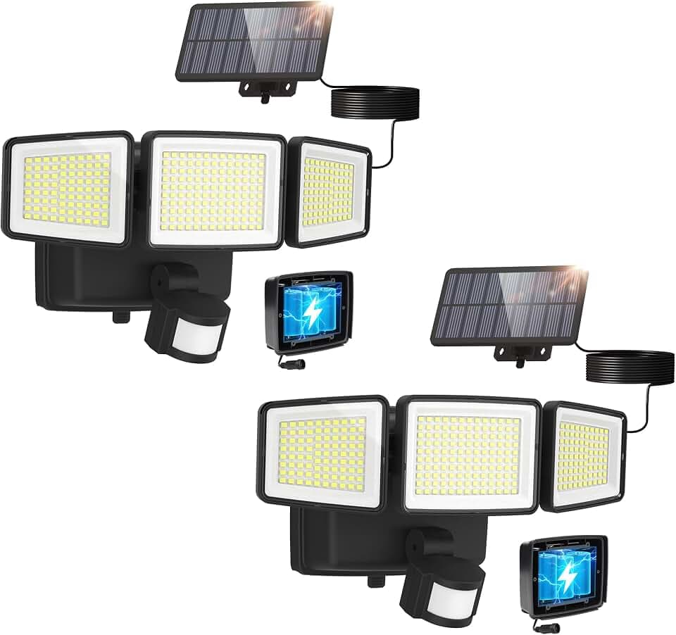 UME Hybrid Solar and Battery Powered Motion Sensor Outdoor Lights, 302 LED 1800LM, IP65 Waterproof, 3-Head Motion Activated LED Flood Light, Energy Efficient Hybrid Security Lights for Garden -2 Pack