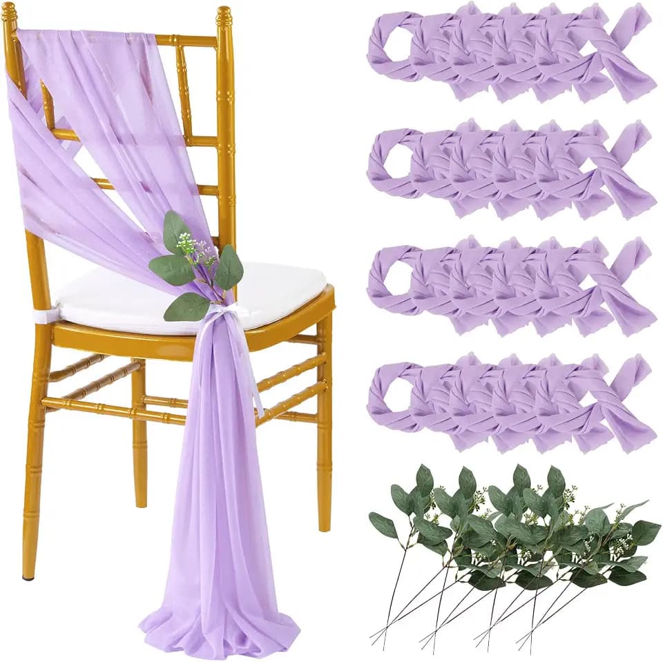 QueenDream Wedding Aisle Chair Sashes Decorations 36 Pieces Light Purple Soft Chair Sashes Tulle Chairs Covers with Artificial Eucalyptus