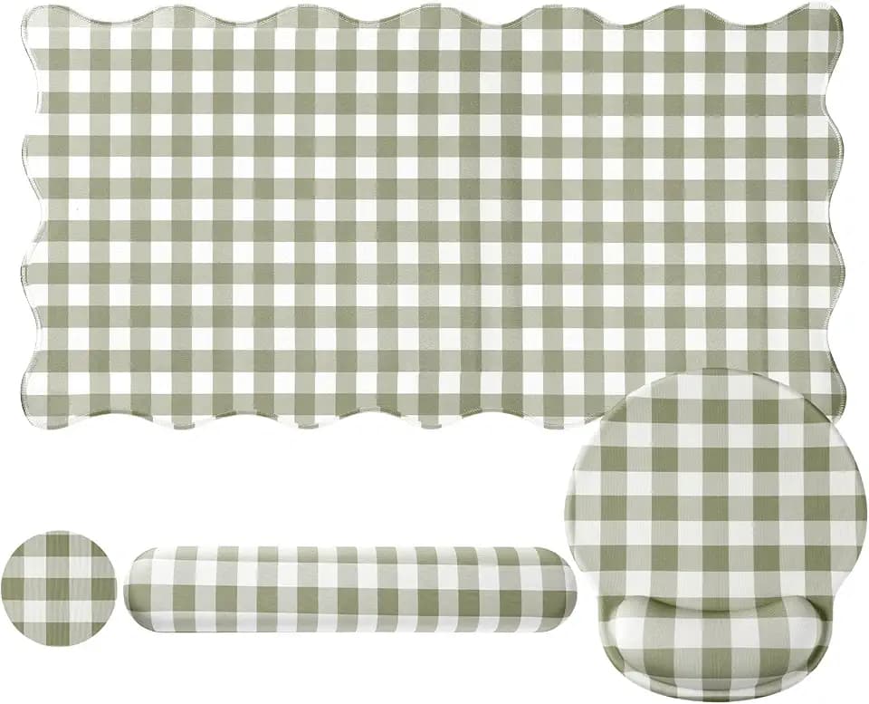 Sabary Gingham Desk Mat Scalloped Sage Green, 31.5 x 15.7 Inch