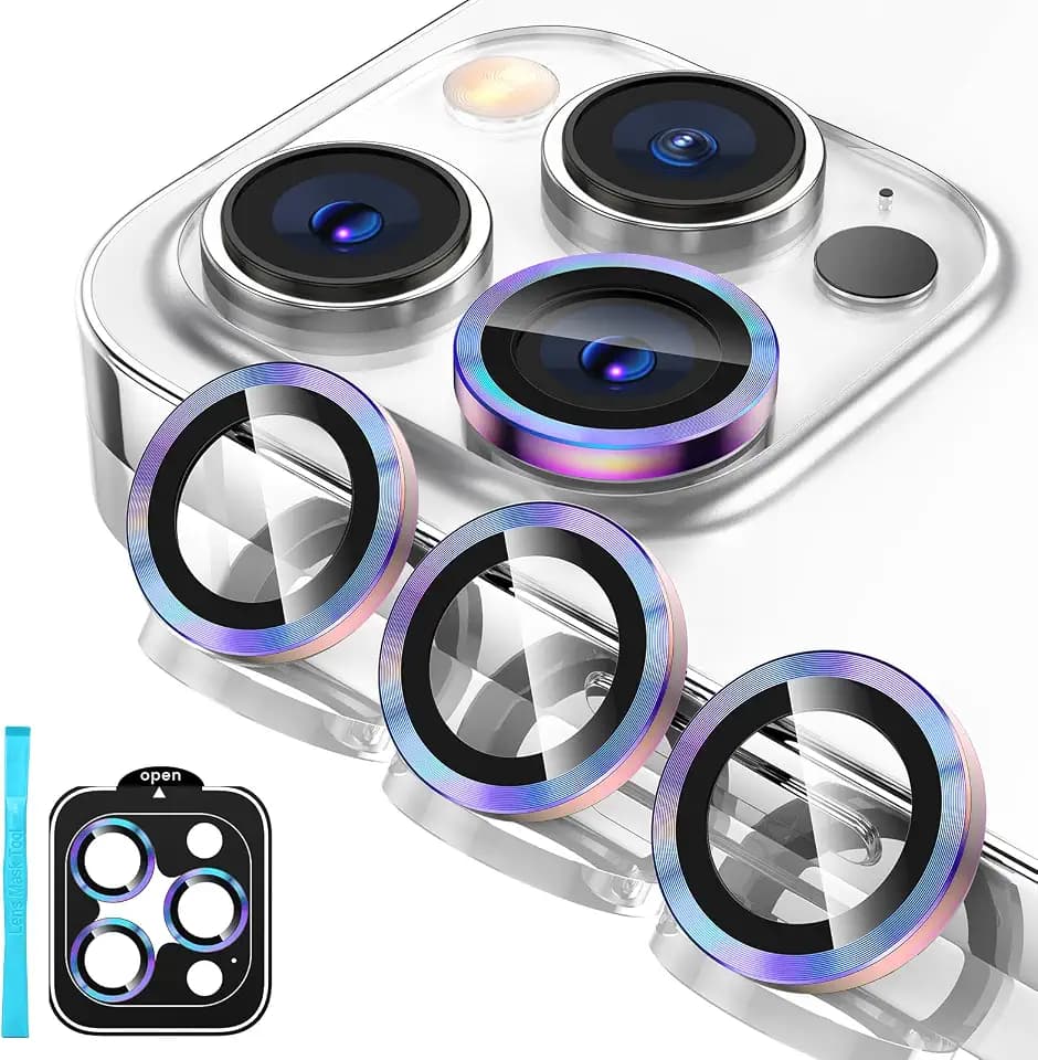Tensa iPhone 15 Pro/Pro Max Camera Lens Protector, 9H Tempered Glass Screen Cover, Metal Ring for 6.1/6.7 inch iPhone 2023