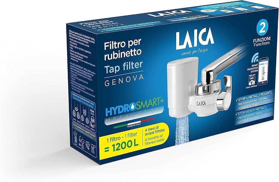 LAICA Genova Wasserfilter Wasserhahn mit HYDROSMART-System + Metal Stop Filter, Kapazität 1200 l, 5 Wasserhahn-Adapter, entfernt Mikro-Kunststoffe, Chlor Schwermetalle aus dem Wasserhahn