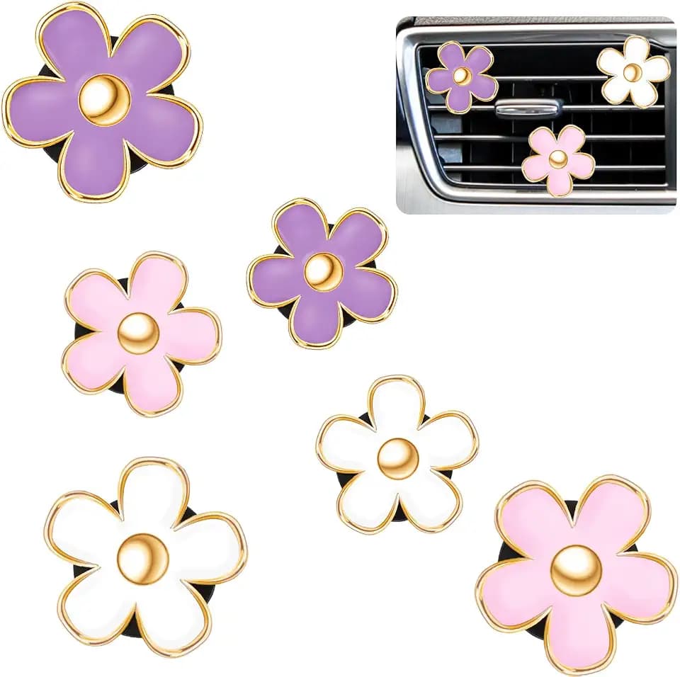 Frienda 6 Pcs Daisy Vent Clips for Car, 3/3.3 cm, Purple, Pink,White,