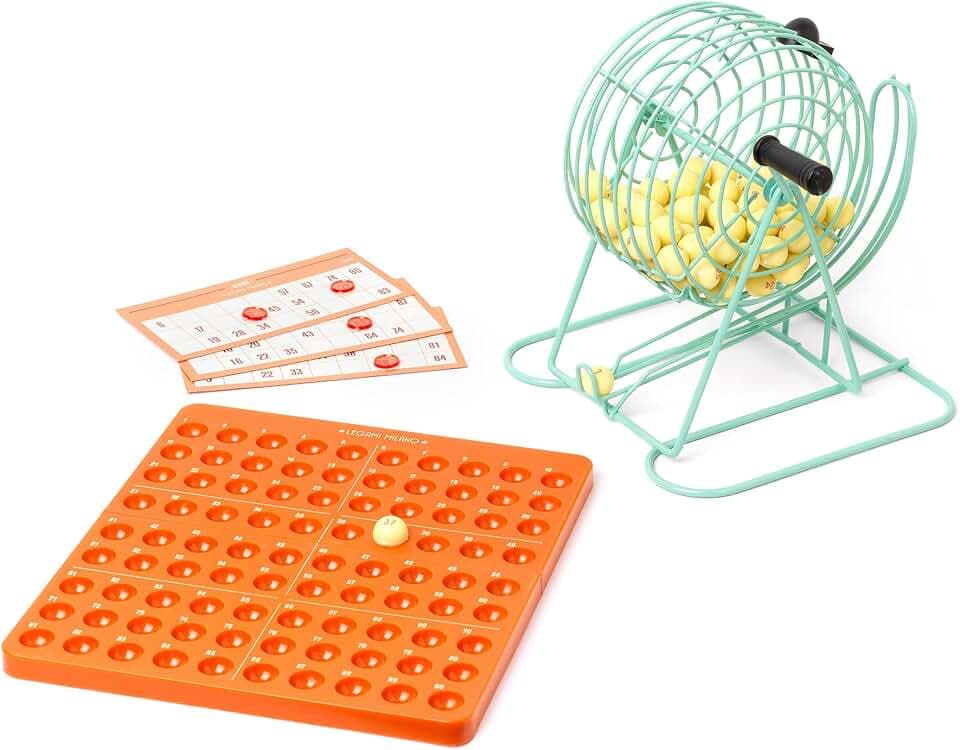 Legami - Flasche, Bingo, 21 x 23,4 cm, inklusive drehbarer Metallkugel, 90 nummerierte Kugeln, Tabelle, 60 Mappen und 300 Nummernschildchen, automatische Ballsammlung