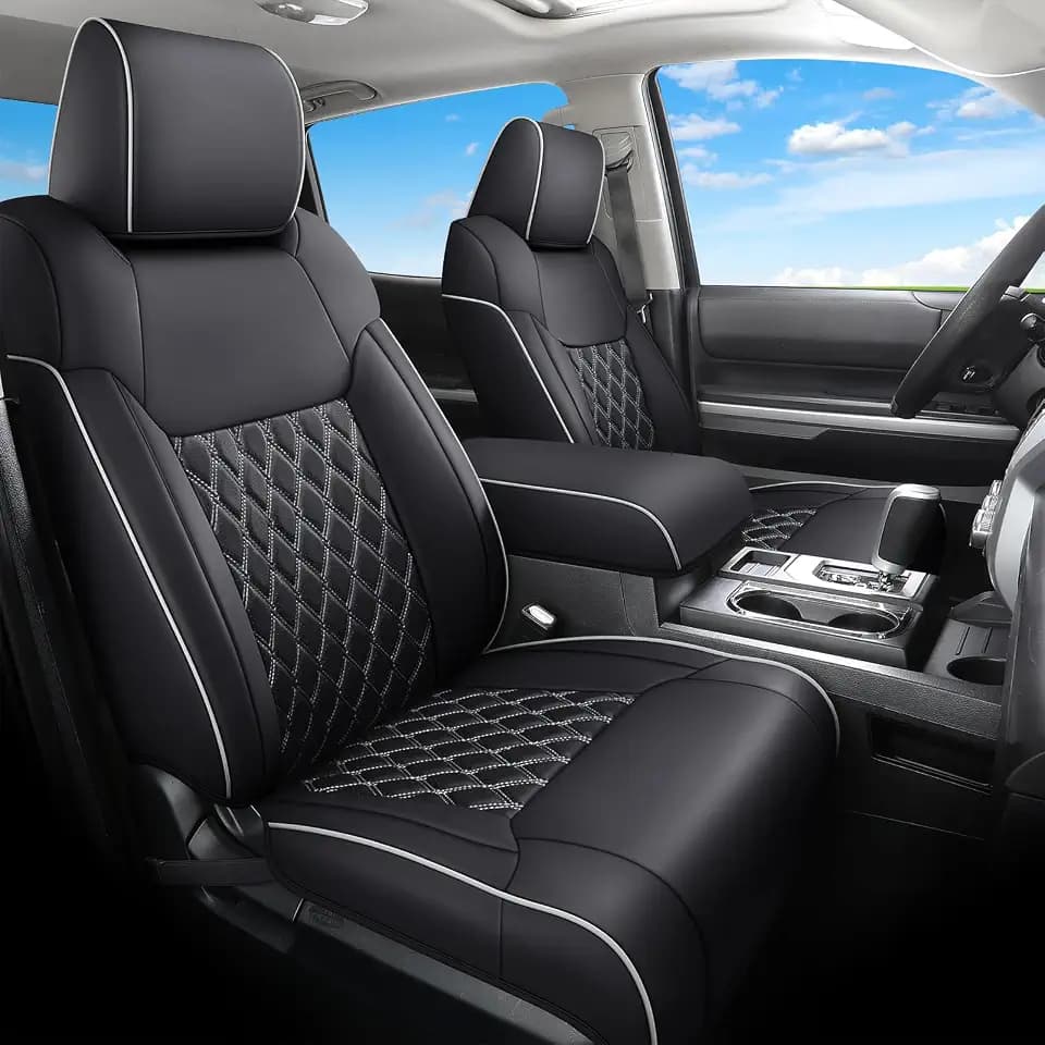 Huidasource Tacoma Seat Covers Full Set, Nappa Leather Pickup Seat Cushion Cover Fit for Toyota Tacoma 2024-2026 Double&Crew Cab SR SR5 Limited TRD Sport/Off Road Trailhunter (Full Set/Black&White)