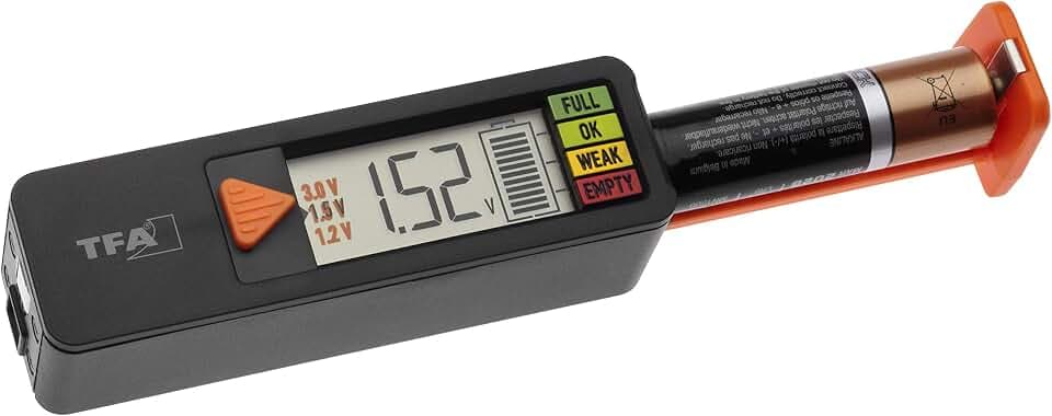TFA Dostmann Batterietester BatteryCheck, 98.1126.01, für Batterien und Akkus(AAA,AA,C,D),Knopfzelle, Blockbatterie, Anzeige des Ladestatus/Volt, einfach und schnell,schwarz