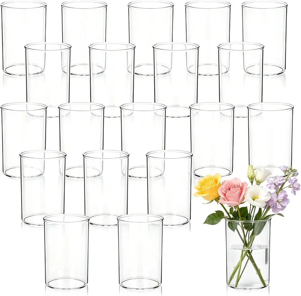 Plastic Clear Cylinder Vase 20pcs Plastic Cylinder Vase Acrylic Bulk Small Clear Flower Container Hurricane Candle Holder Round Wide Container Centerpiece Home Office Wedding Decorations