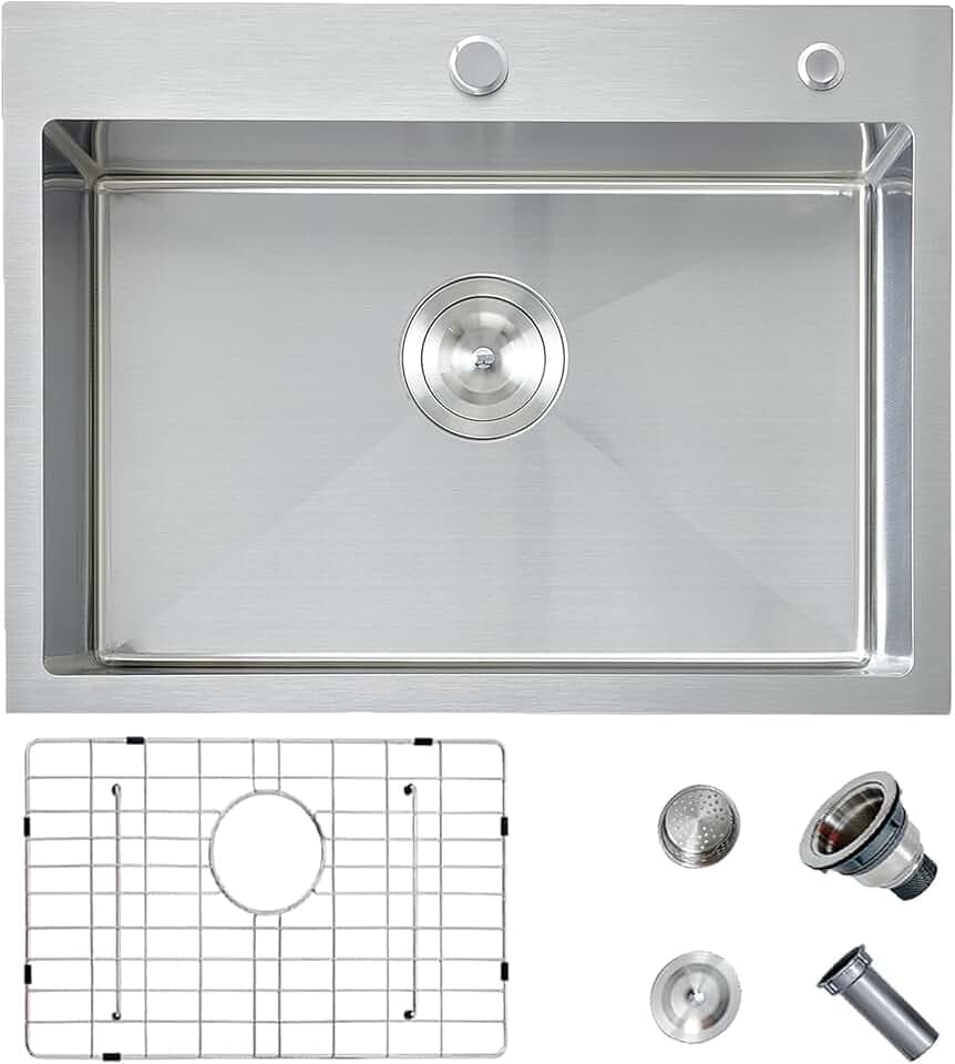 HOTIS 24 x 18 Inch Drop In Kitchen Sink, Overmount 304 Stainless Steel RV Laundry Utility Sink, Topmount Extra-thick 16 Gauge Brushed Nickel Single Bowl Sink with Dish Grid & Drain