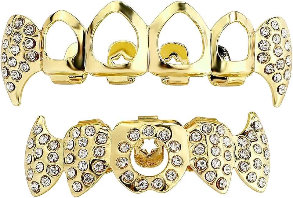 2 Pcs Hip Hop Zähne Set,Goldene Zähne Hip Hop Teeth Grills Gold