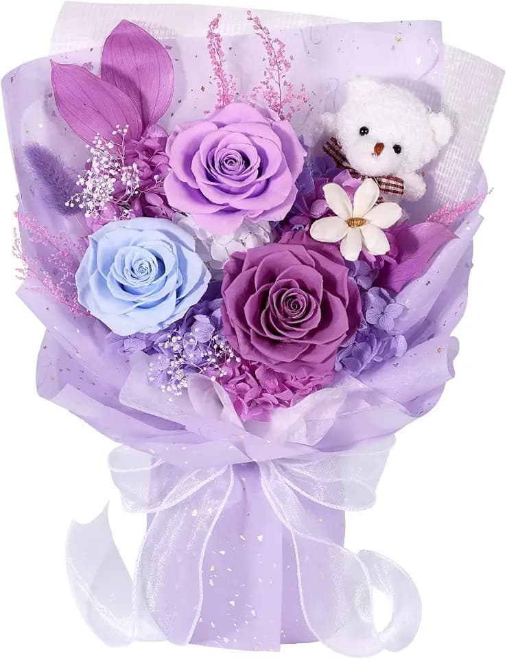Flowers for Delivery with Bear, Purple Preserved Flowers, Gifts for Mom Her