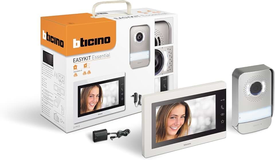 Bticino 317913 Video-Türsprechanlage Easykit Essential, erweiterbares Einzel-Familienhaus-Set, 2-Draht-Stecker, 7 Zoll Farbmonitor, Freisprecheinrichtung, Nachtsicht, Zwei-Wege-Audio, Externe Taste