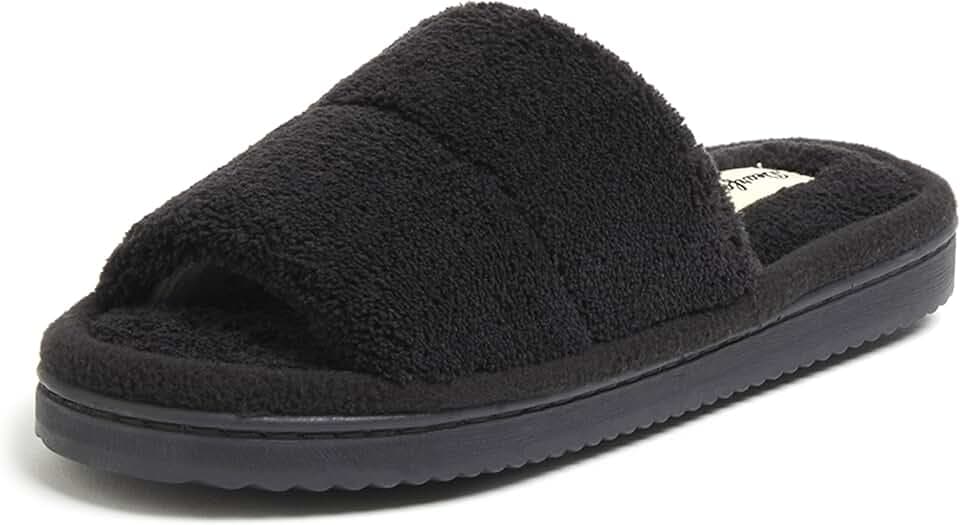 Dearfoams womens Sharon Terry Slide House Shoes With Memory Foam, Fuzzy Cozy Indoor Summer Slippers