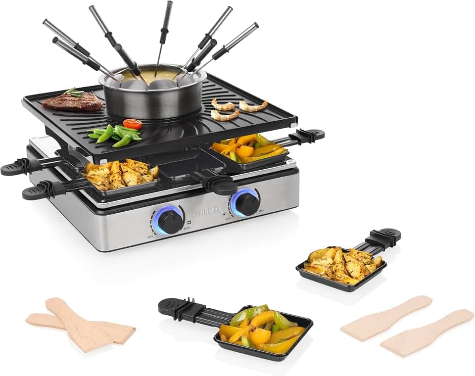 Princess Raclette und Fondue 5-in-1, 8 Personen, Doppelte Thermostate, 1,3 L Fonduetopf, PFAS-frei, Abnehmbare Teile, 31×31 cm Grillplatte, 1800 W, 162670