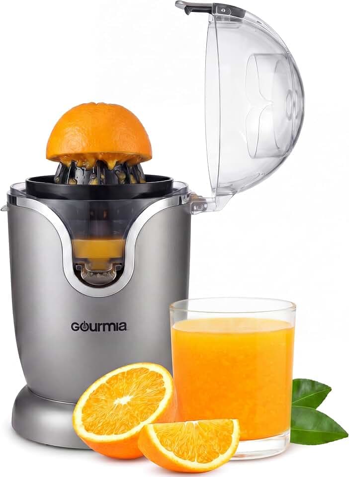 Gourmia Citrus Juicer - Automatic Juicer with 17 oz Capacity, One-Touch Operation, Universal Cone, Anti-Drip Spout, Dishwasher-Safe Accessories, Compact Quiet 60W Motor