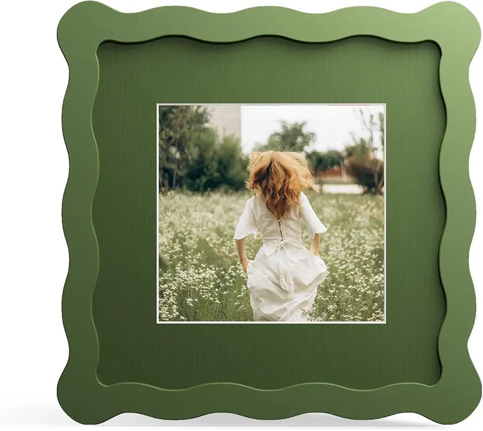 6x6 Picture Frame with Mat for 4x4, Wavy Edge Wooden Real Glass Photo Frame for Tabletop and Wall Hanging, Green, 1 Pack