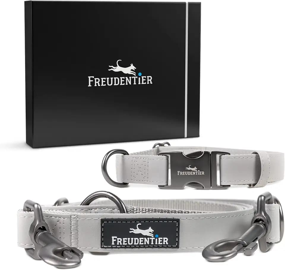 FREUDENTIER Hundehalsband mit Hundeleine 2m Set - Veganes Leder - 37-58cm