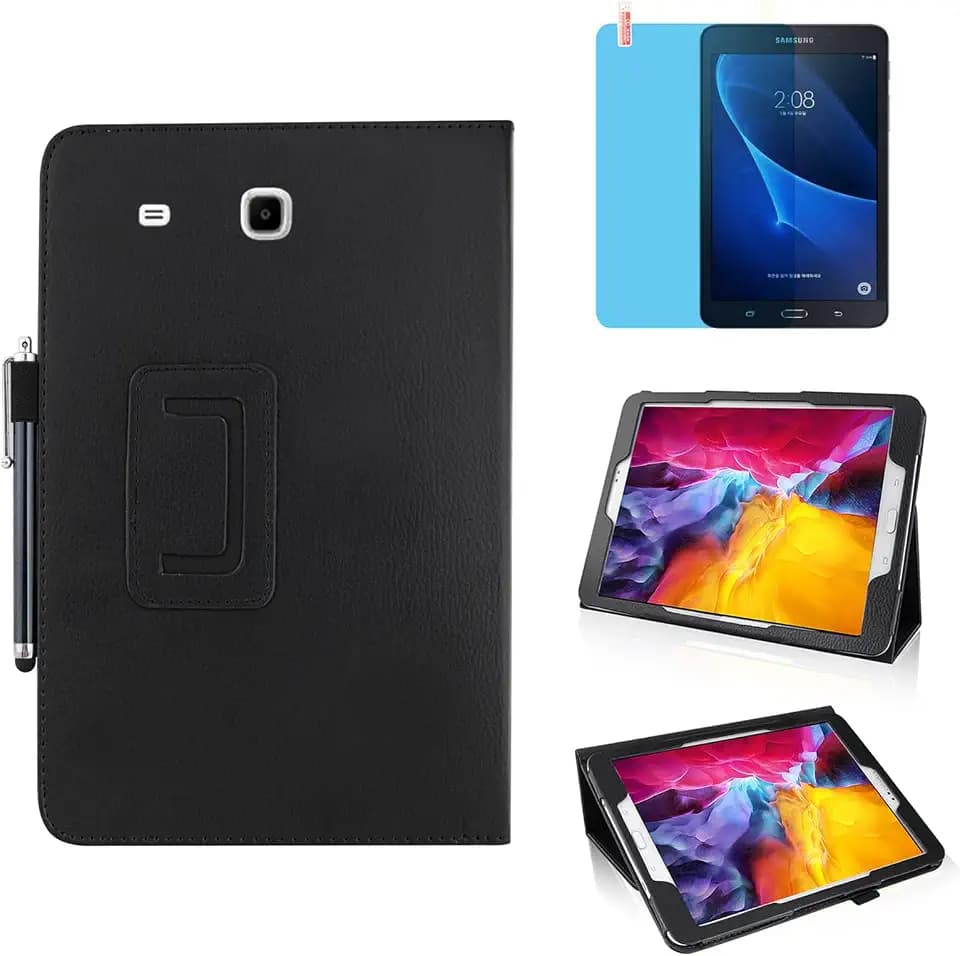 Slim Leather Case for Samsung Galaxy Tab E 8.0 Inch 2016 (SM-T375 T377 T378), Multi-Angle Stand Full-Protective Tablet Cover Book Case with Stylus Pen,Screen Film (Black)