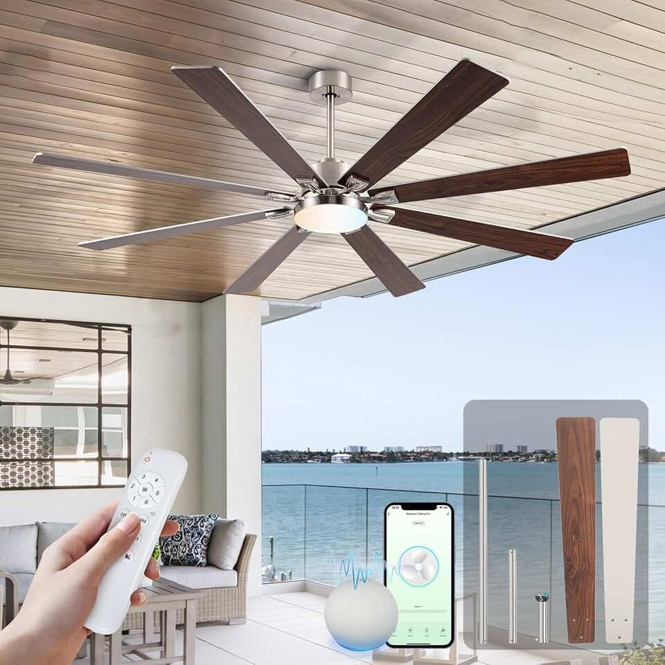 72Inch Smart Ceiling Fans with Lights and Remote,8 Sliver Plywood Blades