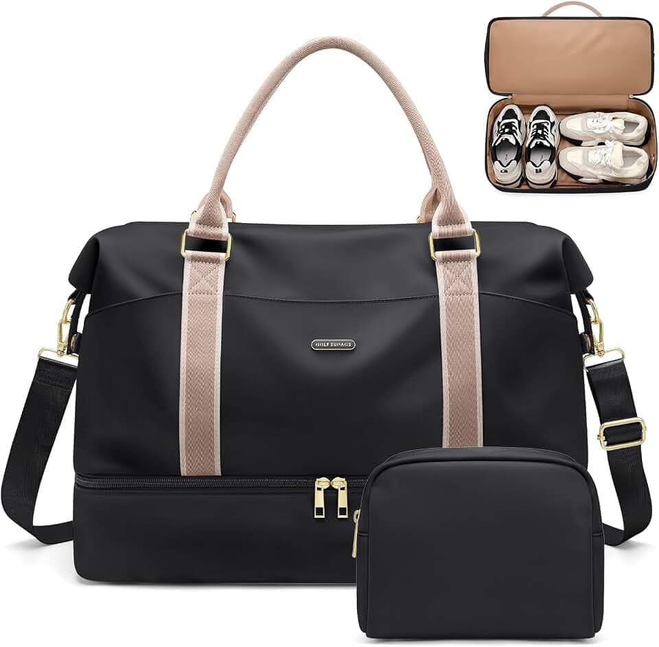 Weekender Bags for Women, Carry On Travel Duffel Bag with Shoe Compartment & Toiletry Bag, 46L Overnight Bag Gym Hospital Bags for Labor and Delivery (Black)
