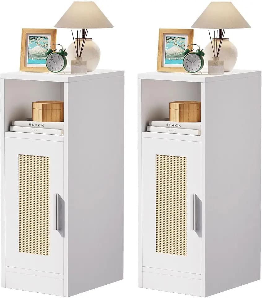 IBUYKE Rattan Nachttisch 2er Set,Schmal Beistelltisch,weiß WNS012W-2