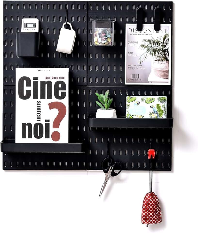 L'essentiel Home and Office Wall Organiser Pegboard 56 * 56cm Complete Set (4 Tiles of 28 * 28cm) and Accessories (Black, 4 Panels Set)