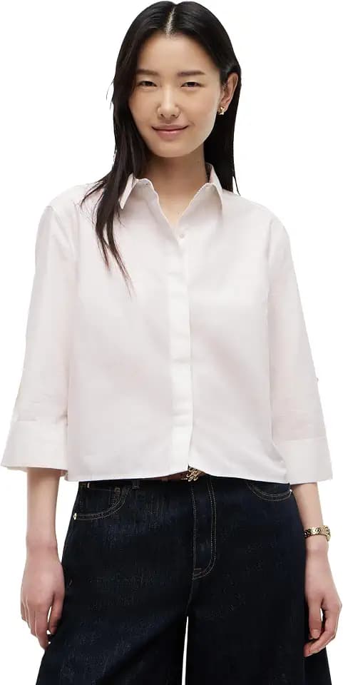 Tommy Hilfiger Women's Cotton Poplin Long Sleeve Cropped Button Down Shirt in Regular Fit with Roll Up Sleeve